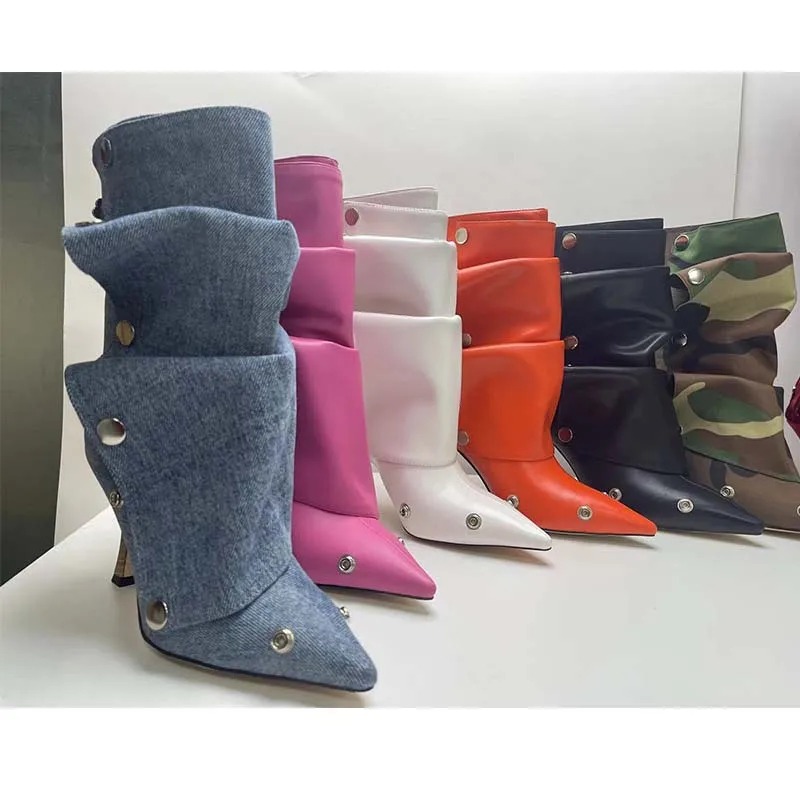 Wrinkled Metal Button Spliced Denim 2024 Women Detachable Mid-calf 34-43 Auto Show Model Fashion Boots