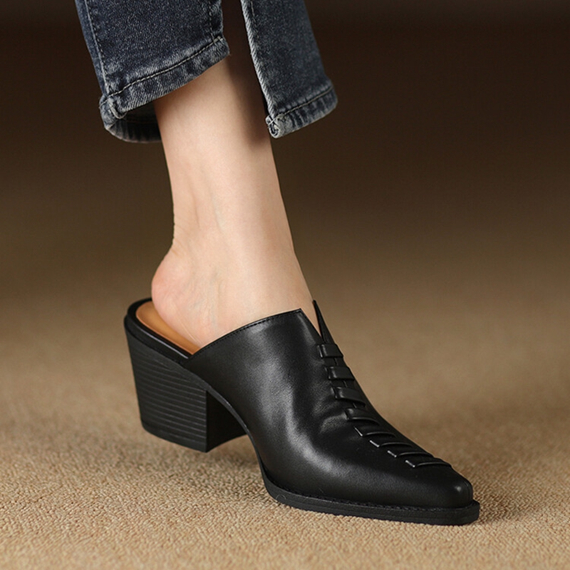Summer NEW Mules Genuine Leather Shoes for Cover Chunky Heel Slippers New Cross-tied Pointed Toe Black Women Sandals 256c