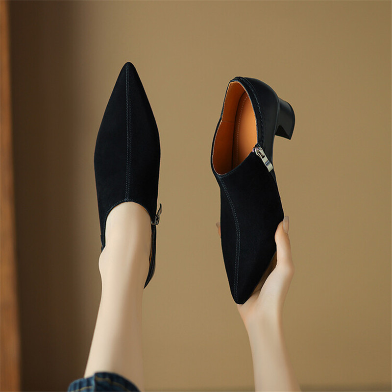 2025 new New 2023 Autumn Loafers Sheep Suede Pointed Toe Chunky Heel Winter Pumps Shoes for Women tos De Mujer 30c9