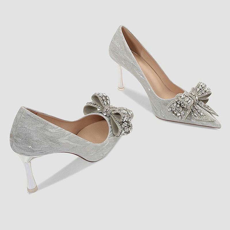 2025 new Spring New Bride Pumps Glass Slipper Princess Adult Bow High Heels Wedding Shoes Woman 70e4