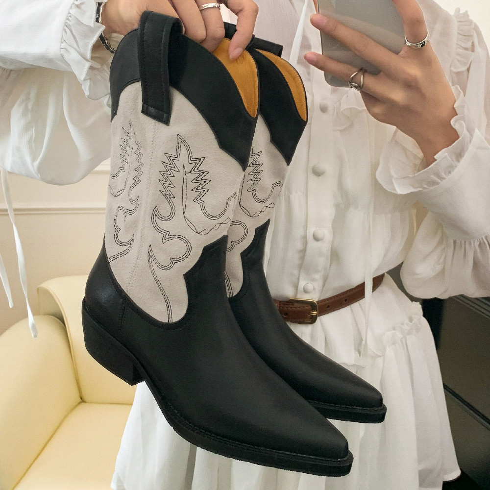 women's danxuefei genuine leather patchwork embroidery retro western mid-calf pointed toe 4.5cm thick med heel half boots af9b