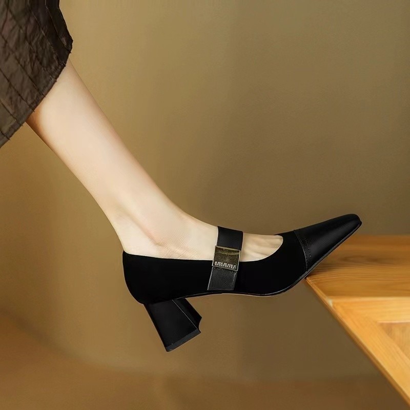 Women Nature Suede High Thick Heels New 2024 Spring Black Apricot Square Toe Pumps Elegant Lady Metal Decoration Shoes
