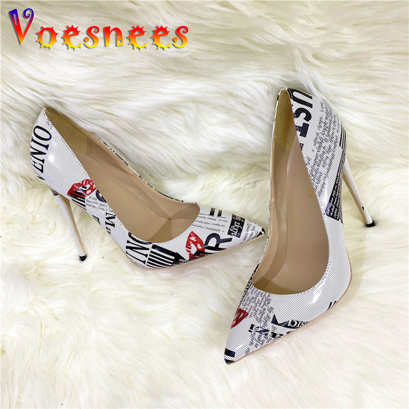 Letter Print High Heels Artistic Graffiti Women Fashion Single Shoes Pointed Toe Stilettos Europe And America Style Party Pumps