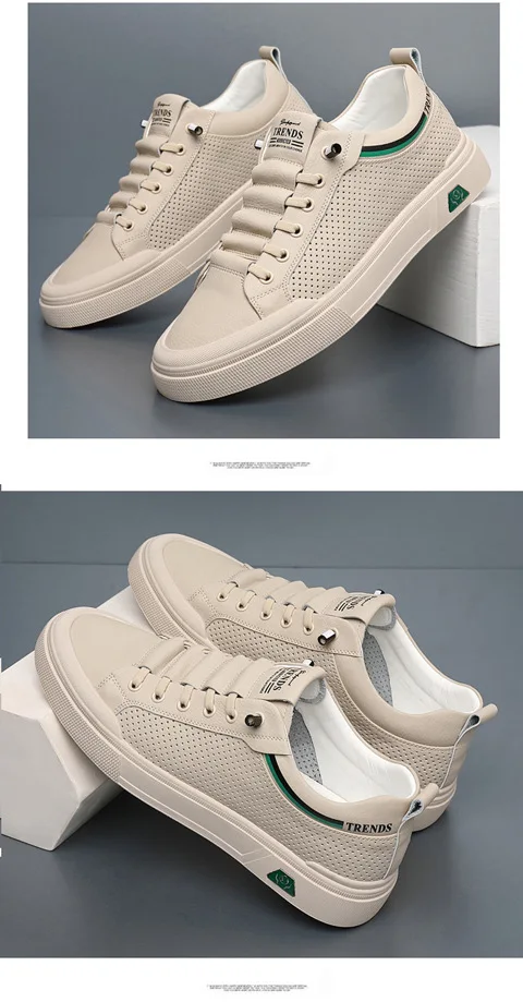 2024 New Shoes for Men Genuine Leather Casual Shoes Summer Breathable Microporous Flat Skateboard Shoes Cow Leather Sneaker
