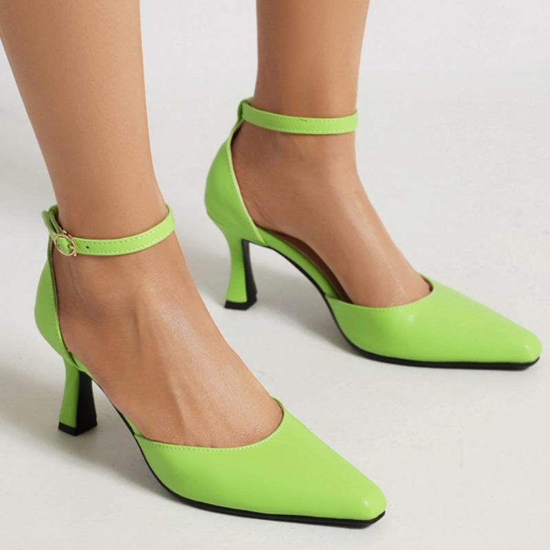 Sandals Women's Summer Medium Heels Close Toe Ankle Strap Elegant Green Black White New Party Wedding Dance Shoes Lady 42f1