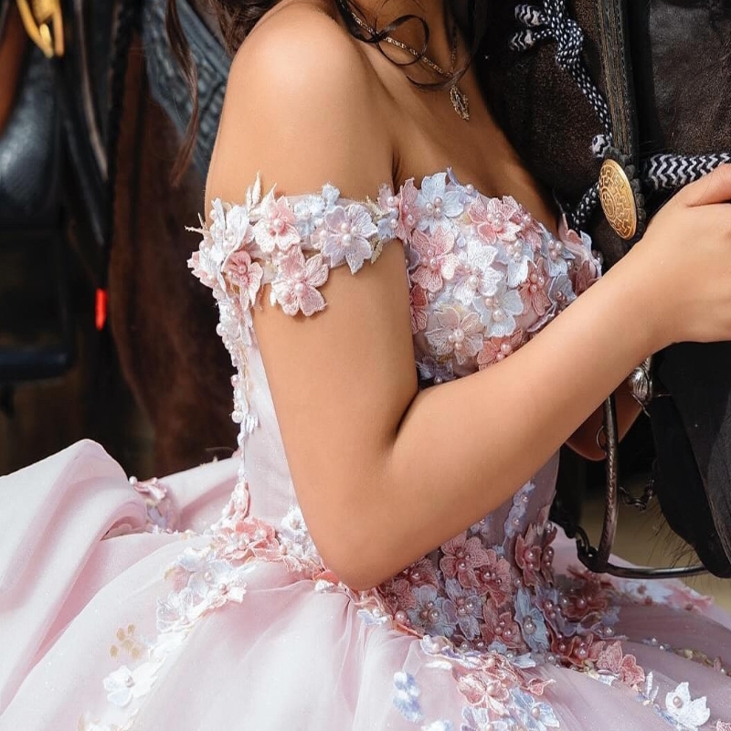Pink Princess Off Shoulder Quinceanera Dresses 3D Floral Applique Beading Bow Tull Lace-up Corset Party Birthday Vestido De 15 Anos