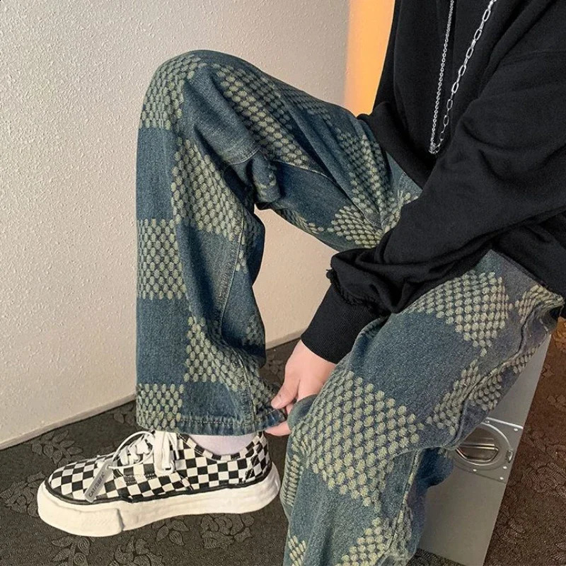 With Pockets Male Cowboy Pants Lattice Straight Jeans for Men Trousers Winter Casual Y 2k Vintage Summer Original Oversize 240911