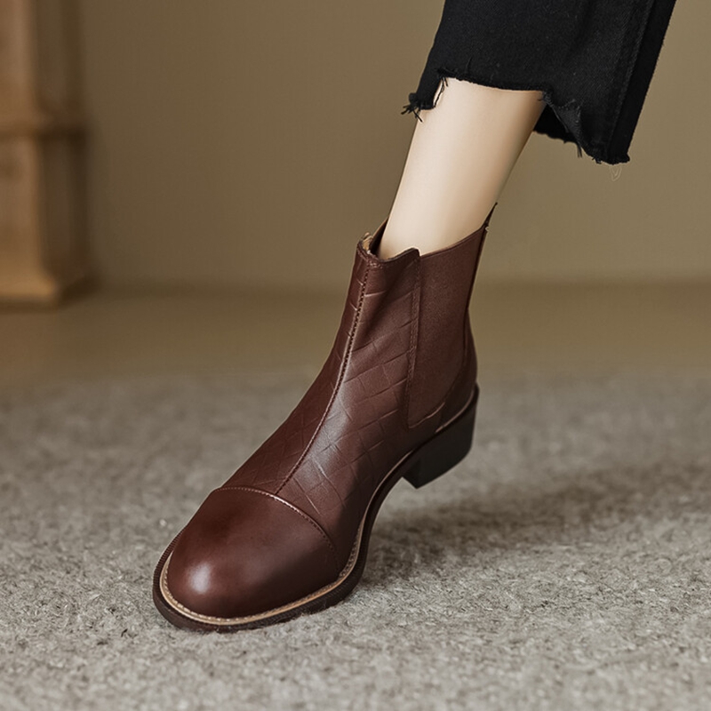 Autumn NEW Round Toe Chunky Heel Genuine Leather Shoes for Women Concise Zipper Short Blck Boots 44ff