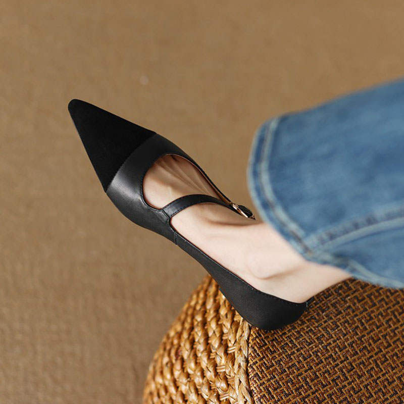 4 Color Women's Flats Mary Janes Shoes Pointed Toe Low Heels Dress Shoes Diagonal Buckle Leather Shoes New Zapatos Mujer 1312N