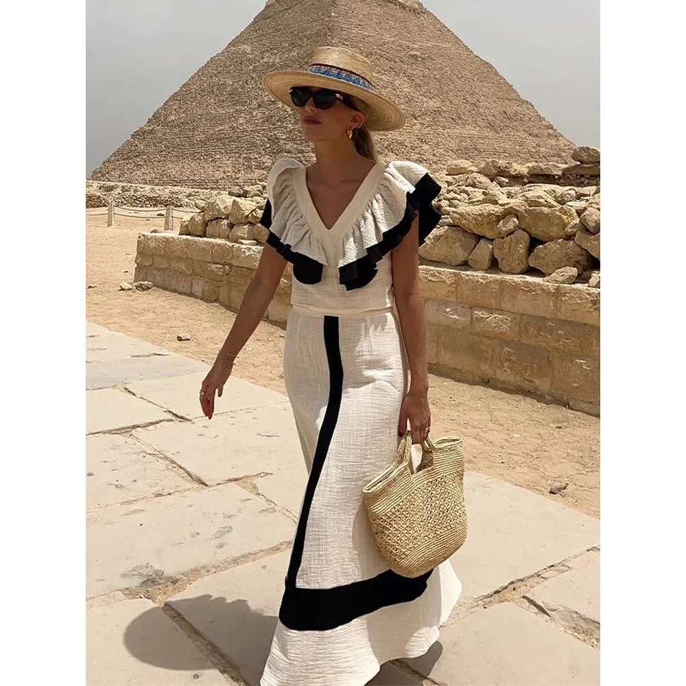 Women Elegant Ruffles Clolor Contarst Midi Skirt Set Sexy V Neck Backless Crop Skirts Suit 2024 Summer Lady Vacation Outfit