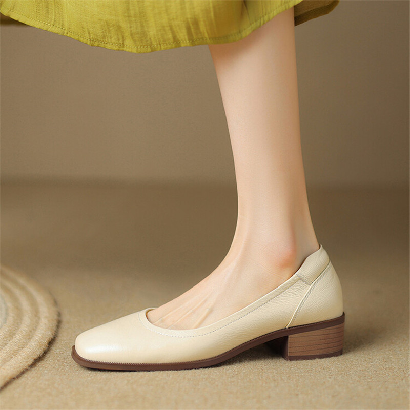 NEW Spring Autumn Genuine Leather Women Shoes Fashion Square Toe Chunky Shoes for Women Shallow Women Pumps Apricot Zaptos Mujer
