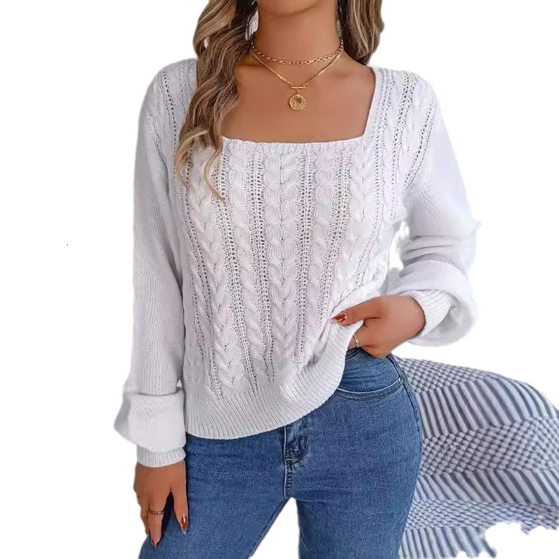 dongdumaoyi New autumn and winter square neck long sleeve pullover sweater solid casual Fried Dough Twists thread knit F0914#42