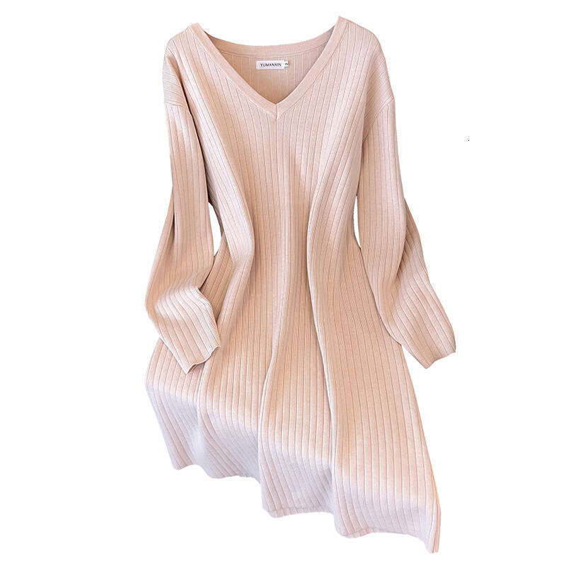 155Kg Plus Size Women's Bust 160 Spring Autumn New Loose Long V-Neck Sweater Dress Black Apricot 5Xl 6Xl 7Xl 8Xl 9Xl 10Xl