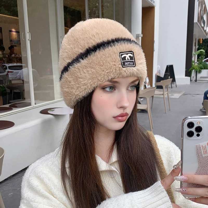 Beanie/Skull Caps A thick and warm knitted hat for autumn and winter women set with wool hat and solid color hat J240913