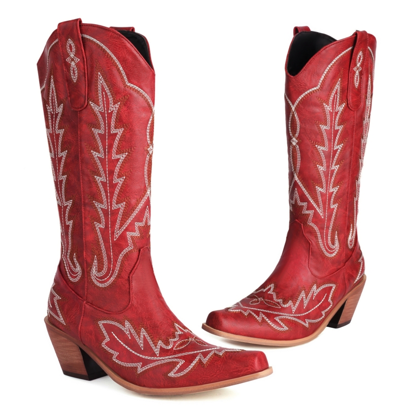 Western Cowboy Cowgirls Boot Casual Embroider Women's High Knee Boots Winter Tall Lady Wedge Heels Footwear Shoes Large Size 45