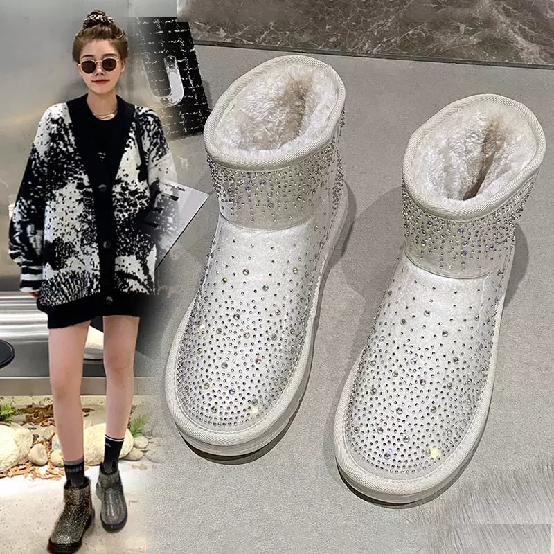 Flat Heel Women's Rubber Boots Winter Footwear Round Toe Crystal Female Shoes Plush Boots-Women Australia Rain 2022 Med Rhinesto