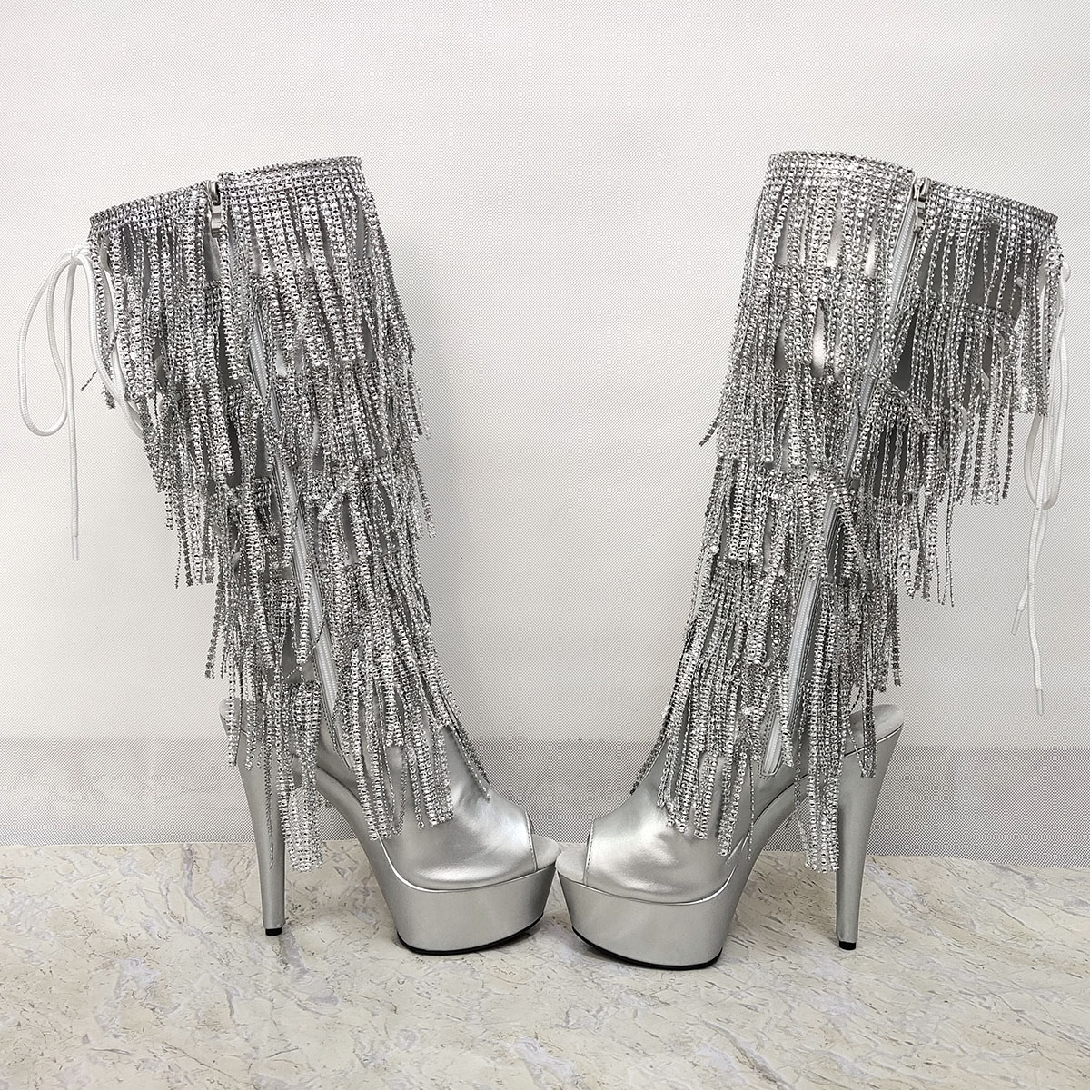 Mid-Calf Silver Exotic 6Inch Peep Toe Fringe strips Thigh High Boots Pole Dance Shoes Big Size Women Gothic Gladiator Rhinestone