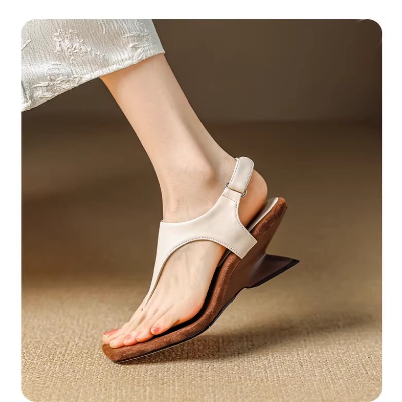 Toe Sandals Women's 2024 New Summer Outer Wear Cowhide Slope-heeled High-heeled Roman Shoes Design Niche Womens Shoes