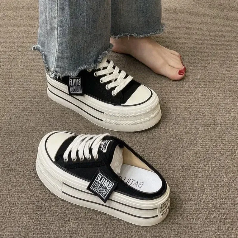 Trendy Slip-on Canvas Slippers: Thick Soles, Half Drag, Casual Fashion for Women 4