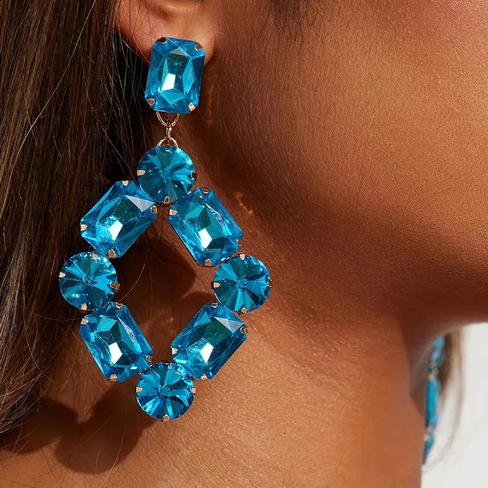 Stonefans Geometry Crystal Dangle Earrings Stud Accessories for Women Exaggerate Rhinestone Statement Earrings Blue Jewelry 240914