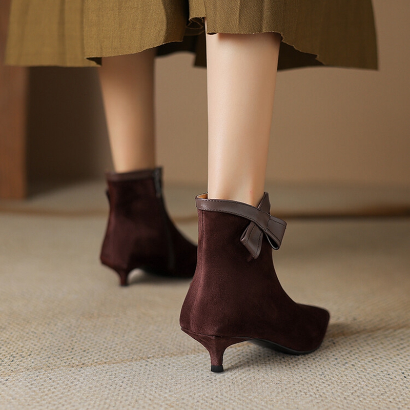 Autumn NEW Sheep Suede Leather for Women Pointed Toe Ankle Bow-knot Shoes Black Kitten Heel Modern Boots 5d3d