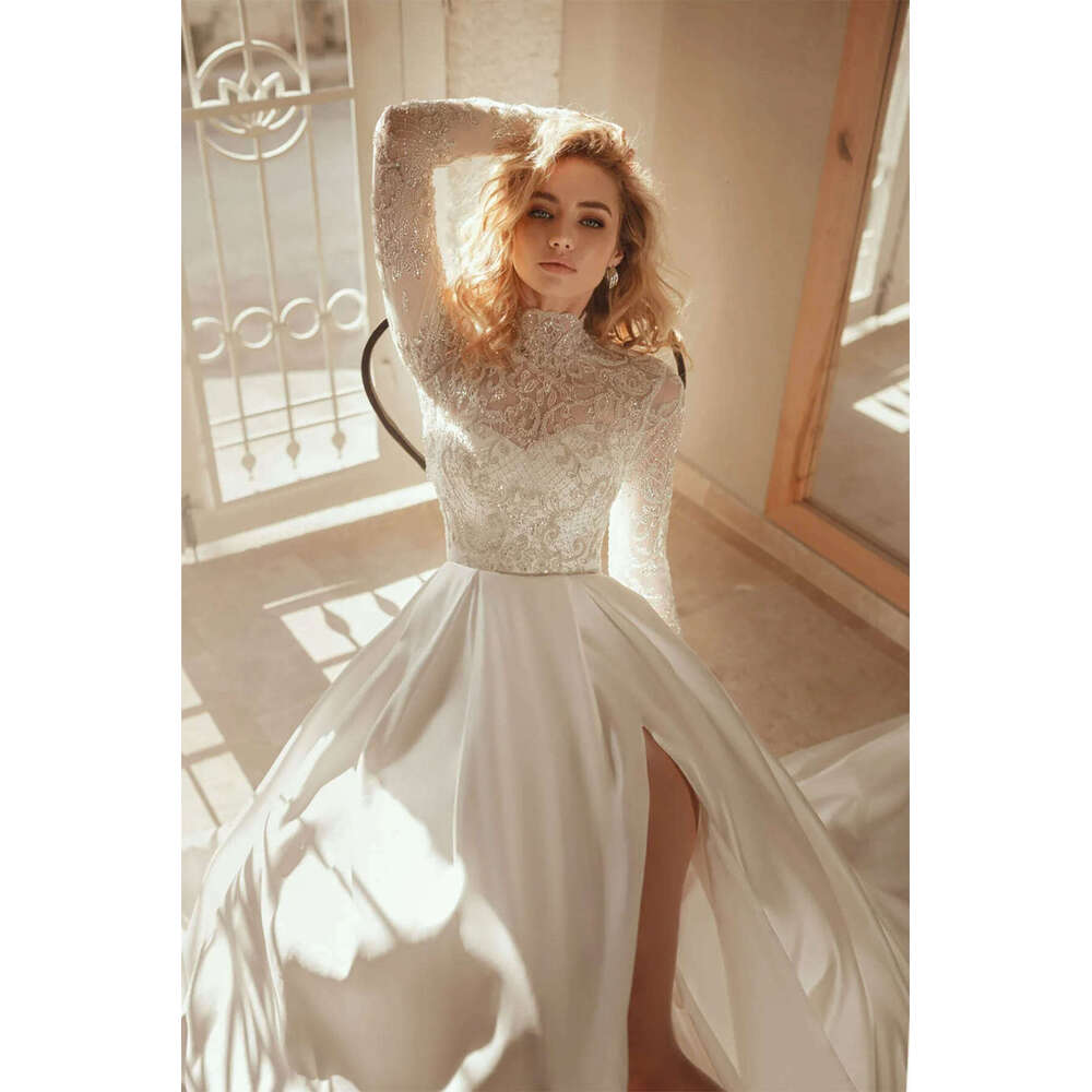 Wedding Dresses A-e Split Appliques Sequined Sleeve or-Length Long Bridal Gown Vestido de novia Custom Made