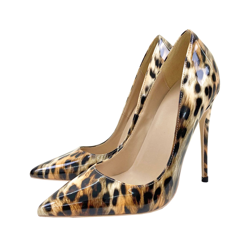 2024 New Leopard Pattern Lacquer Leather High Heels Spring 12CM Pointed Stiletto Pumps Fashion Women Shallow Mouth Single Shoes
