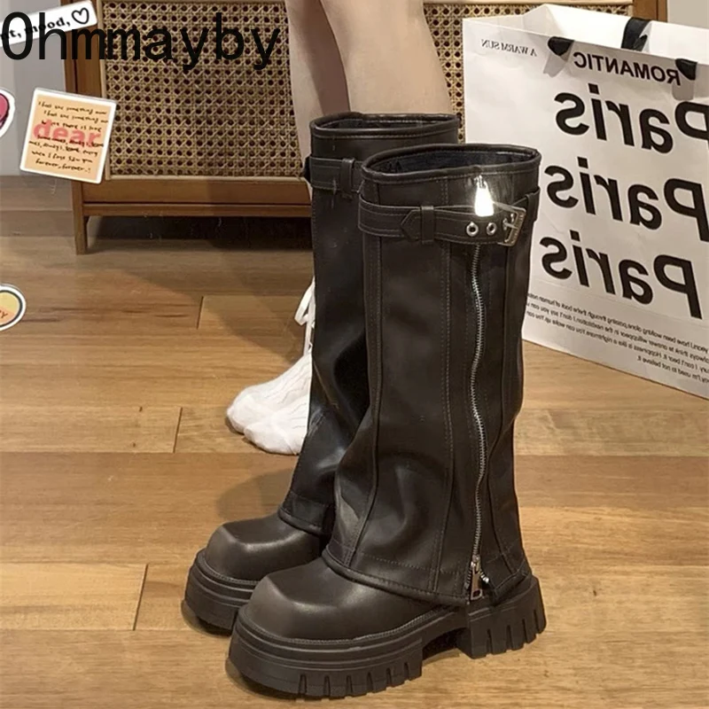 Platform Heel Knee High Boots Women Fashion Ladies Belt Buckle Knight Long Boots Autumn Winter Women's Thick Heel Shoes