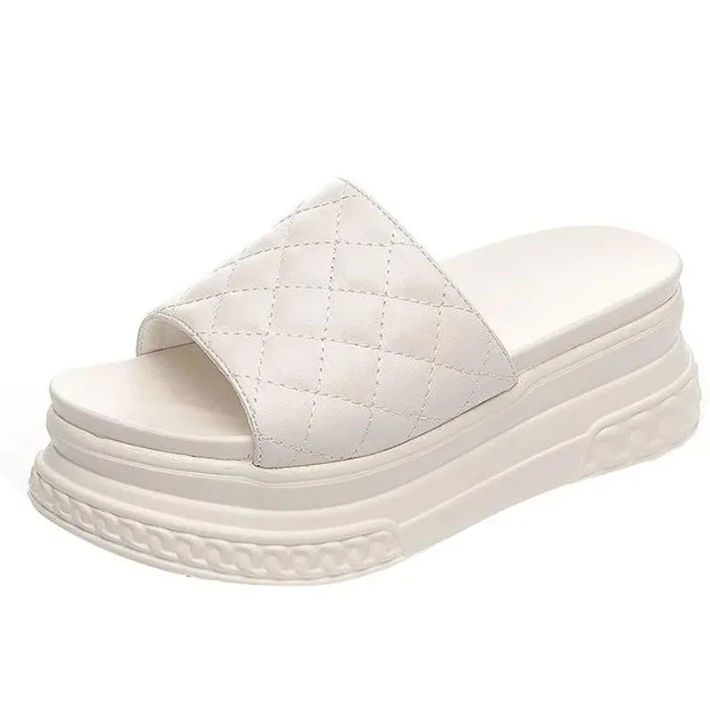 7cm Platform Slippers Wedge Shoes Beach Genuine Leather Women Summer Shoes Breathable Slides Beach Shoes Black Summer
