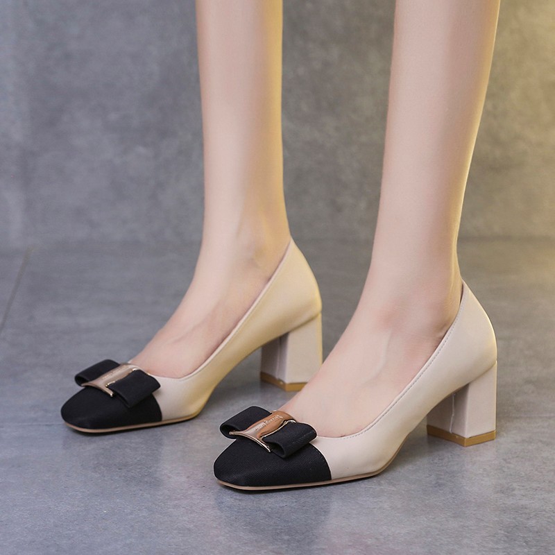 2021 spring new mid-heel thick heel metal square buckle leather temperament pumps square toe single shoes high heels women