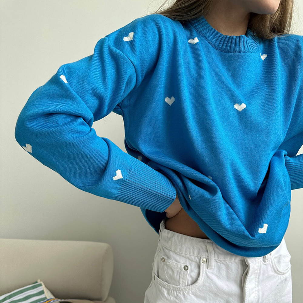 Heart Knitted Printing Solid Sweater Long Sleeve Women Round Neck Casual Ribbed Knitting Pullover Tops Office Ladies 2024 Fashion