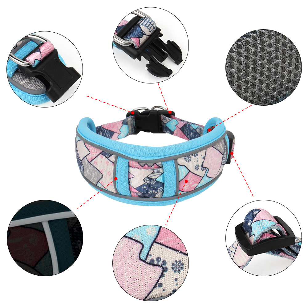 Widen Dog Collar Reflective Nylon Pet Collar Comfortable Mesh Breathable Printed Dog Collar with D Ring for Medium To Large Dogs
