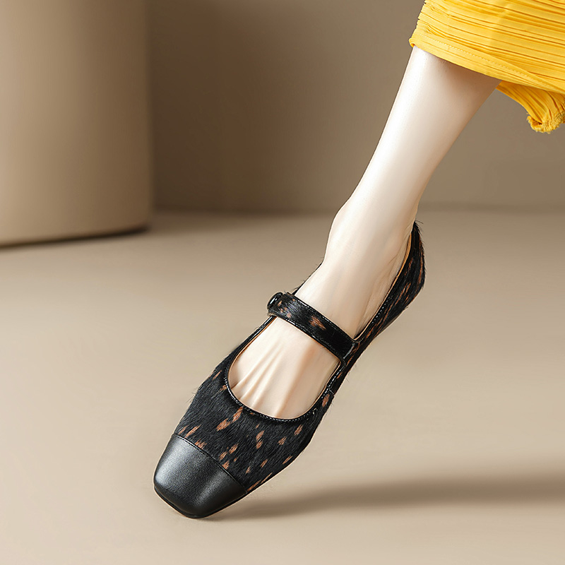 2025 new NEW Spring/Autumn Pumps Square Toe Chunky Horsehair Leopard Women Shoes Concise Low Heel Buckle Mary Janes de5c