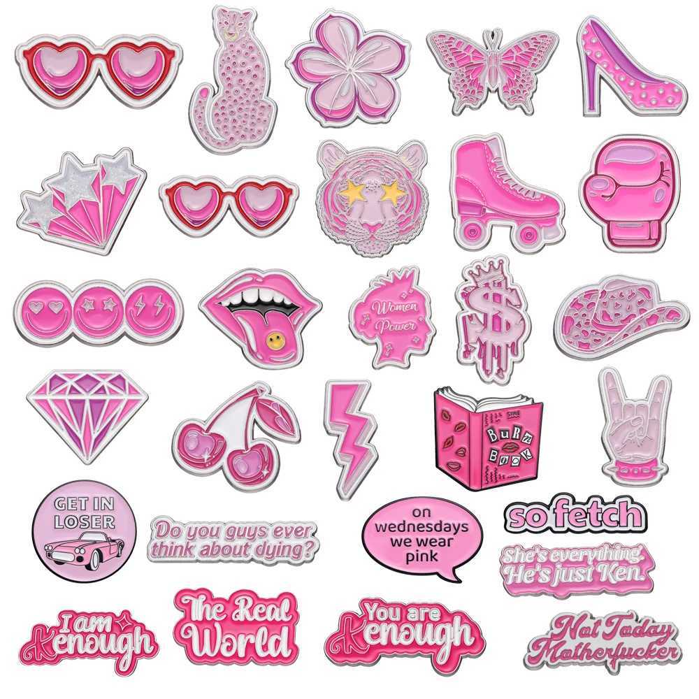 Pink Series Metal Brooch Leopard Butterfly Boxing Gloves Roller Skate Tongue Cherry Book I Am Enough Girl Badge Punk Pin JewelryX240914