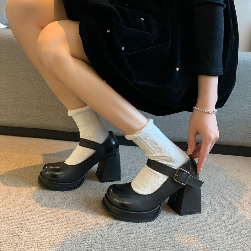 Chunky Heels Women Black PU Leather Shoes Ladies Office Dress Mary Jane Shoes Woman Pumps Designer Platform Uniform High Heels