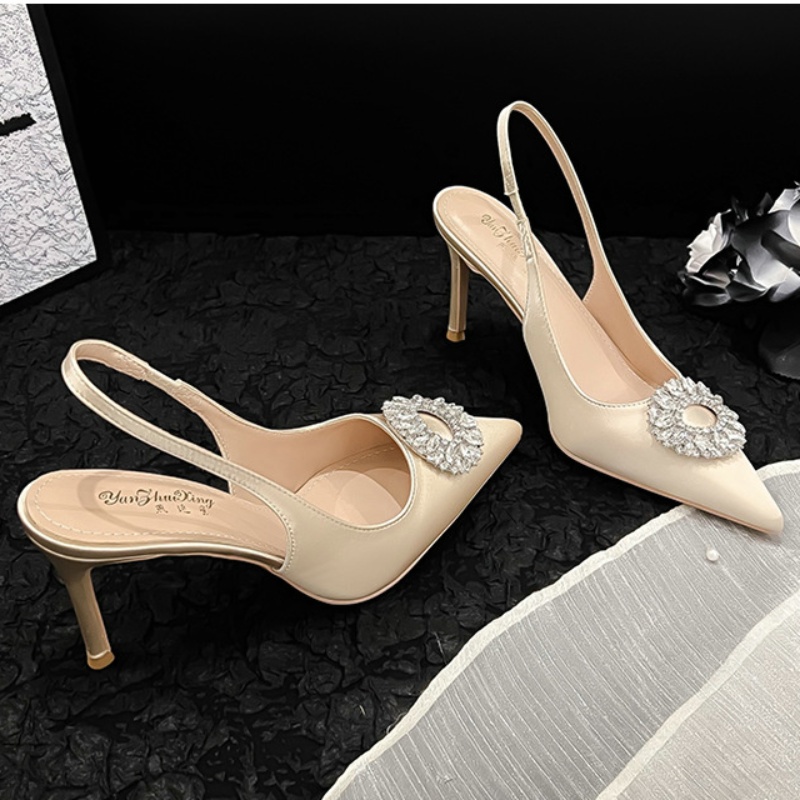 2024 New French Pointy High-heeled Stiletto Rhinester Satin Korean Fashion Round Crystal Buckle Women's Sandals