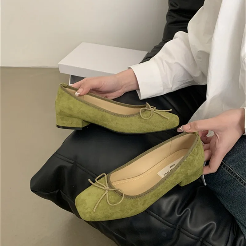Retro Suede Woman Shoes Elegant Shallow Mouth Square Toe New Dress Slip on Laofers Chunky Low Heel Elegant Solid Moccasin Pumps