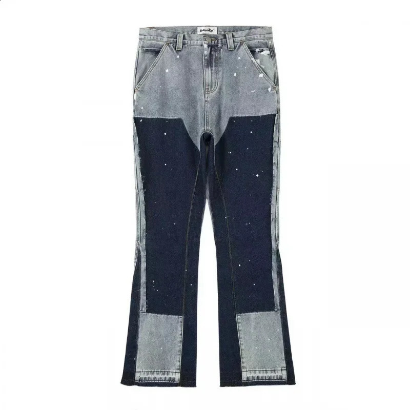 European and American high street wash hard splicing logging jeans mens Y2K retro trend splicing printed wide leg pants 240918