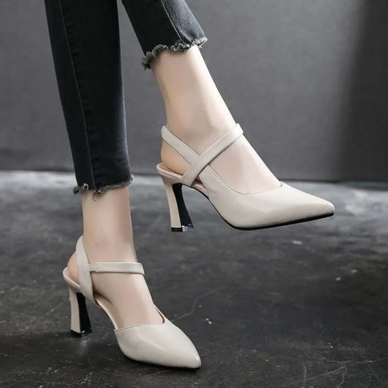 Women High Heels Sandals Shoes Pointed Toe Thick Heel Soft Sexy Pu Leather Slip on Pumps Solid Color Casual Party Office Shoes
