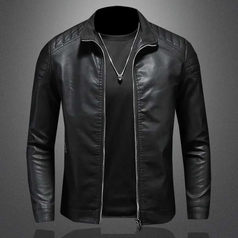 Spring and Autumn Mens Motorcycle Jacket Solid Polo Neck Fashion Casual PU Jacket High Quality Mens Leather JacketX240913