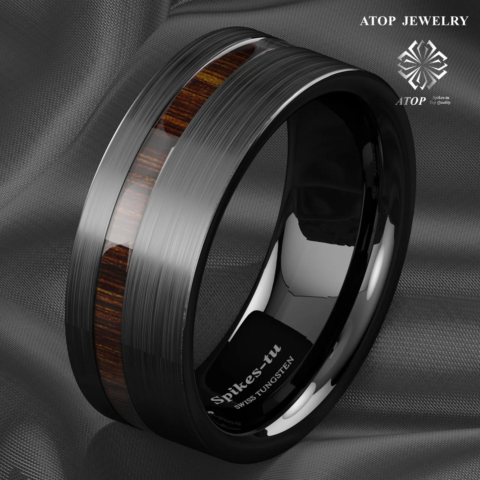 8mm black brushed tungsten carbide ring center off Koa wooden wedding ring customized jewelry 240905