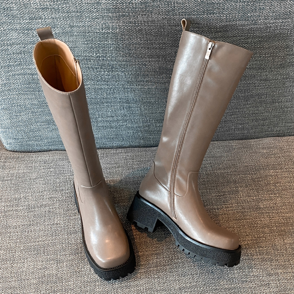 genuine Women's leather chunky heel platform square toe side zip autumn knee high punk female long winter boots shoes sale 0a2b
