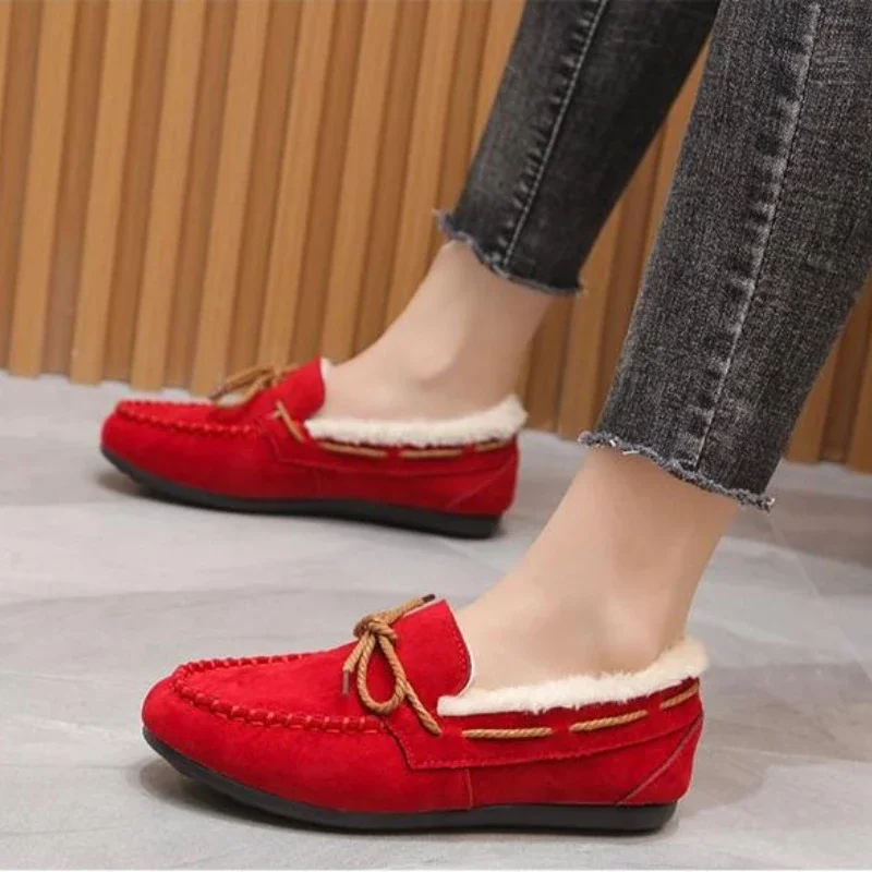 Winter Women Casual Flat Women's Moccasins Soft Loafers Fashion Comfort Warm Plush Bow Slip on Female Cotton Shoes b68b