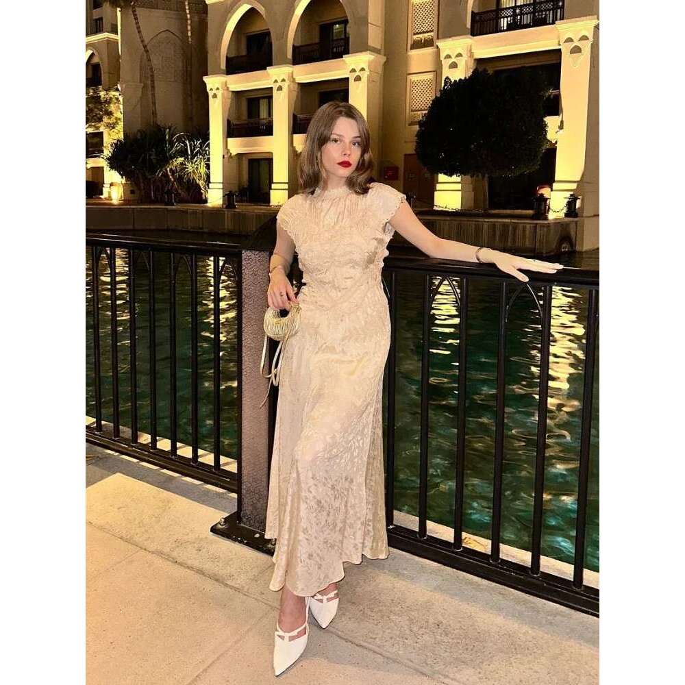 Fashion Jacquard Satin Round Neck Maxi Dress For Women Elegant Short Sleeve Long Dresses 2024 New Summer Lady Party Evening Gown