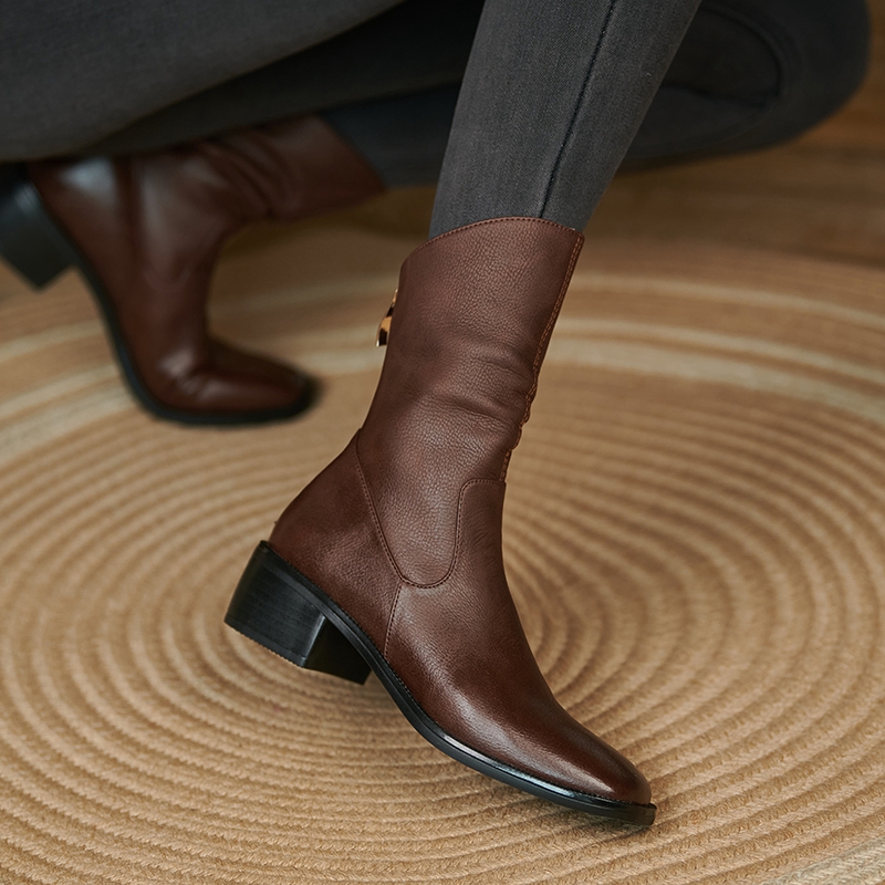 2022 New Fall/Winter Women Genuine Leather Square Toe Thick Heel Zipper Ankle Boots Solid Color Retro Woman Shoes Brown