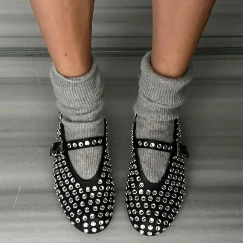 Women's Rhinestone Rivet Single Shoes women New Round Toe Hollow Belt Buckle Comfortable Flat Dance Ballet Mary Jane Shoes