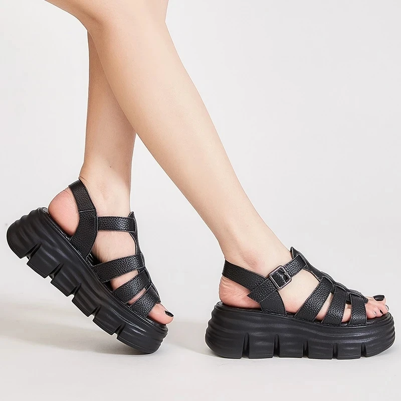 Women Sandals Summer Shoes Genuine Leather Roman Style Concise Open Toe Buckle Strap Wedges Platform Sandals Lady