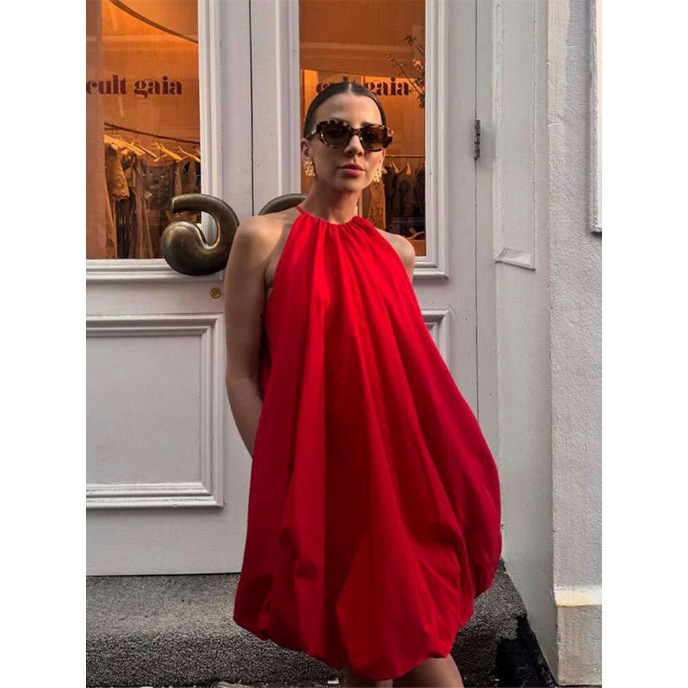 Women Fashion Red Halter Mini Dress Sexy Round Neck Sleeveless Backless A-E Dresses 2024 New Summer Lady Beach Holiday Robes