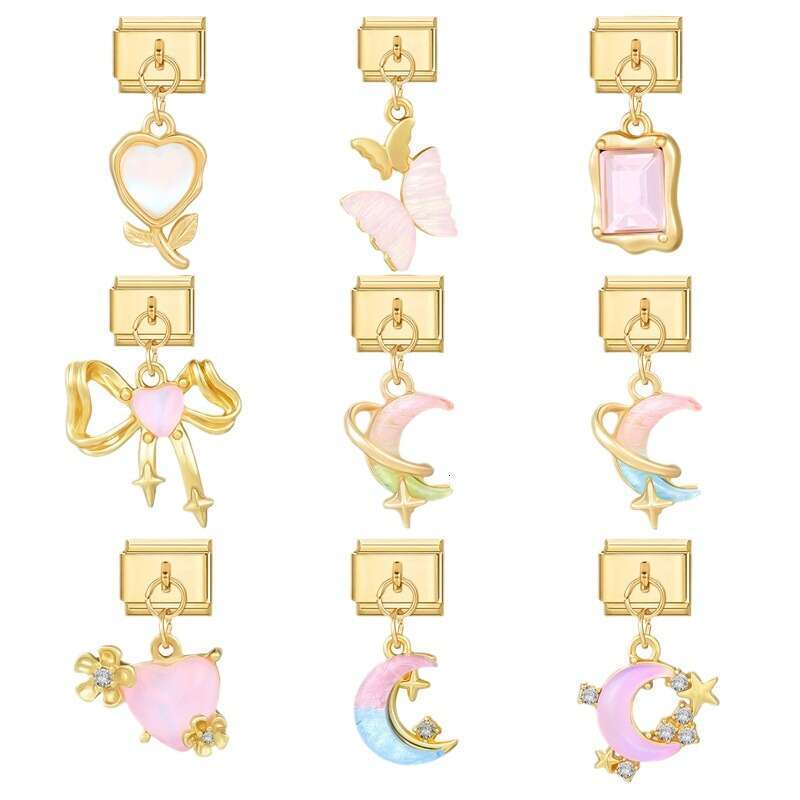 New Women's Gift Gold butterfly pink heart with CZ Pendant Italian Charms Links Bangle Beads Fit 9mm Stainless Steel Bracelet Making DIY For Wome