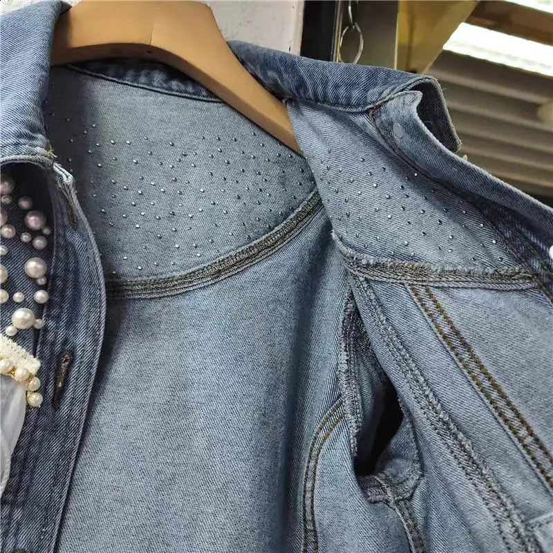 Korean style heavy industrial pearl lace denim jacket top loose long sleeved short sleeved jeans jacket womens spring clothing 240906